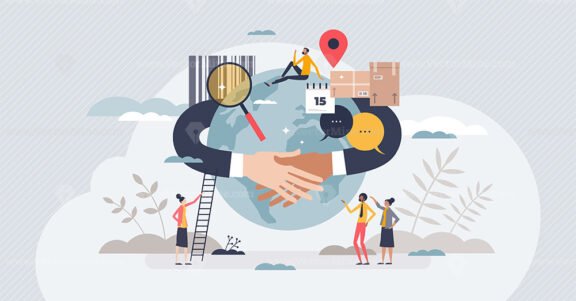 SCM or supply chain management as goods logistics flow tiny person concept