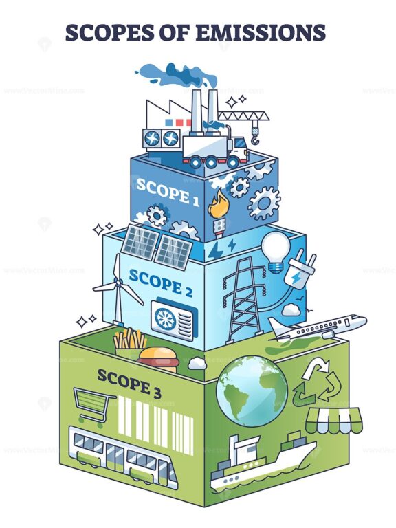 Scopes of emissions and CO2 pollution causes in outline pyramid diagram