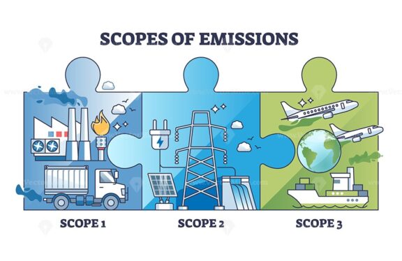Scopes of CO2 carbon emissions connected with puzzle pieces outline diagram