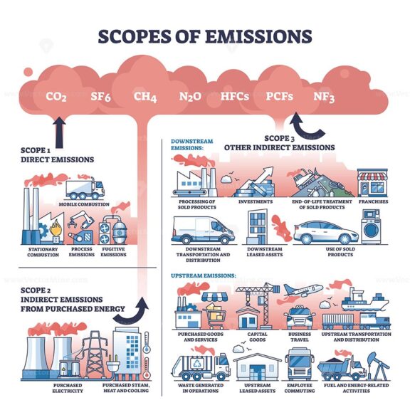 Scopes of Emissions diagram shows direct and indirect emissions. Key elements, factories, vehicles, energy. Outline diagram