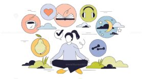Self-care is the main focus, showing a person meditating surrounded by icons like a heart, book, and headphones, representing relaxation and wellness. Doodle style