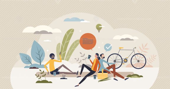 Self care and relaxing together with group of friends tiny person concept