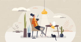 Self care and having cup of drink for relaxation moment tiny person concept