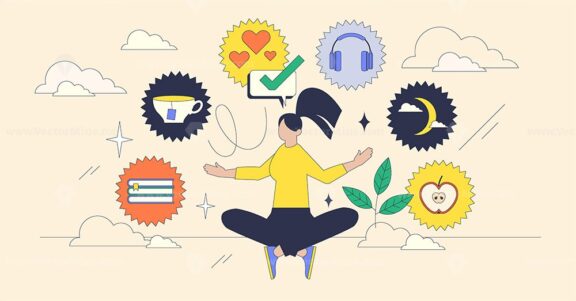 Self-care depicted with meditation, headphones, and books, highlighting balance and mindfulness. Neubrutalism style