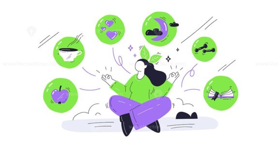 Self-care is depicted with a meditating person surrounded by playful icons like a cup, weights, and a book. Playful style