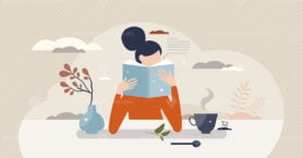 Self care and reading a book for relaxation moment tiny person concept
