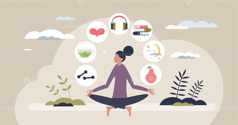Self care and things for personal wellness and harmony tiny person concept