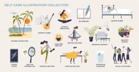 Self care and wellness with healthy mental balance tiny person collection set
