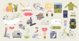Self care objects with wellness and wellbeing elements tiny person collection