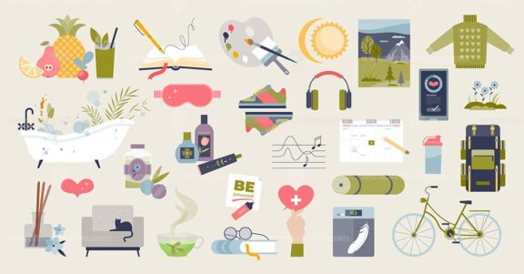 Self care objects with wellness and wellbeing elements tiny person collection