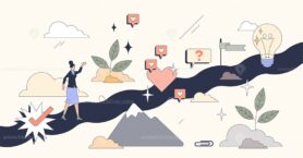 Self discovery as personal happiness journey tiny person neubrutalism concept