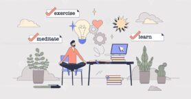 Self help for mindfulness and mental care tiny person neubrutalism concept