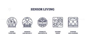 Senior living focuses on community, security, and growth. Key objects, family, house, tree. Outline icons set