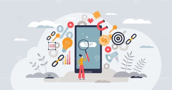 SEO and mobile optimization for marketing efficiency tiny person concept