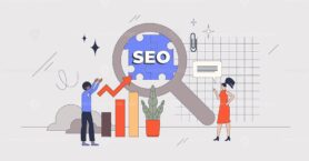 SEO optimization or search engine improvement retro tiny person concept