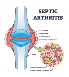 Septic arthritis joint inflammation with medical explanation outline diagram