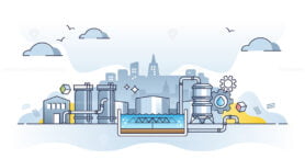 Sewage treatment plant for water purification and filtering outline concept