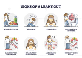 Signs of leaky gut and collection with autoimmune symptoms outline set