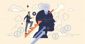 Skill training focuses on growth with a person climbing stairs, a head silhouette, and arrows. Neubrutalism style.