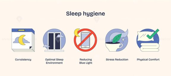 Sleep hygiene icons show consistency, reducing blue light, and stress reduction. Neubrutalism style
