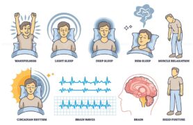 Sleep stages are shown with people in different sleep postures, brain waves, and circadian rhythm in an outline style collection. Outline style collection