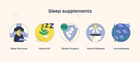 Sleep supplements depicted with icons like a moon bottle, herbal leaves, and a tea cup, conveying restfulness. Neubrutalism style.