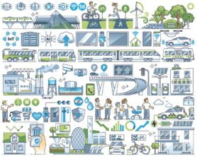 Smart cities with environmental and green living outline collection set