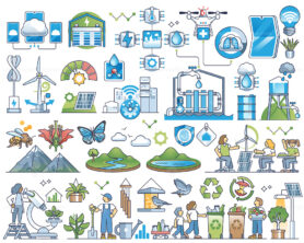 Smart city sustainability and environment friendly urban area outline set