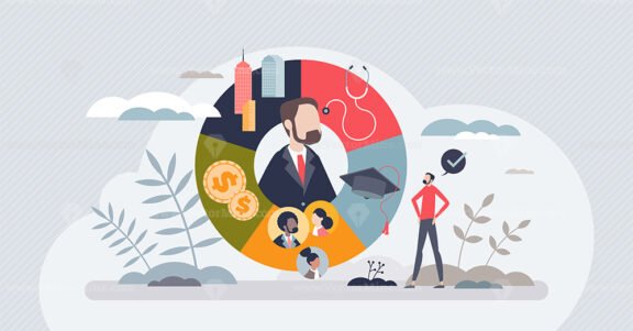 Social determinants of health and medical wellness tiny person concept