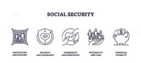 A set of outline icons representing social security concepts like protection, security, community, inclusivity, and financial stability. Outline icons set.