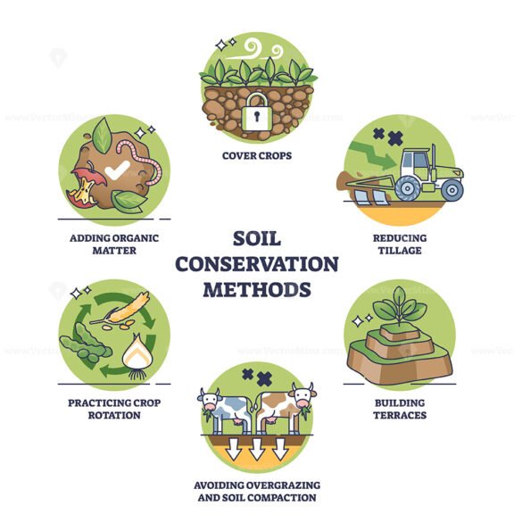 Soil conservation methods and harvest land health protection outline diagram