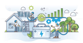 Solar battery storage with rechargeable home accumulators outline concept