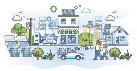 Solar energy revolution and sun panels development in city outline concept