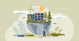 Solar farm as field with sun panels to collect energy tiny person concept