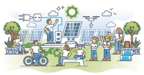 Solar farm education and children learning about green energy outline concept
