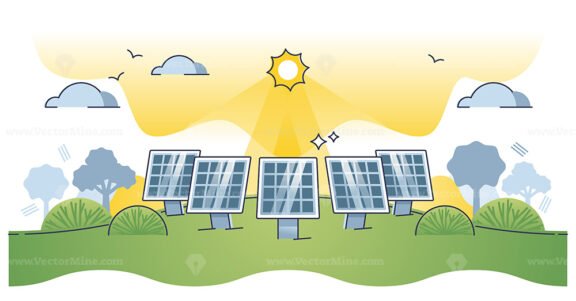 Solar farm with sun panels for electricity power production outline concept