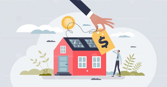 Solar panel cost and expensive alternative energy project tiny person concept