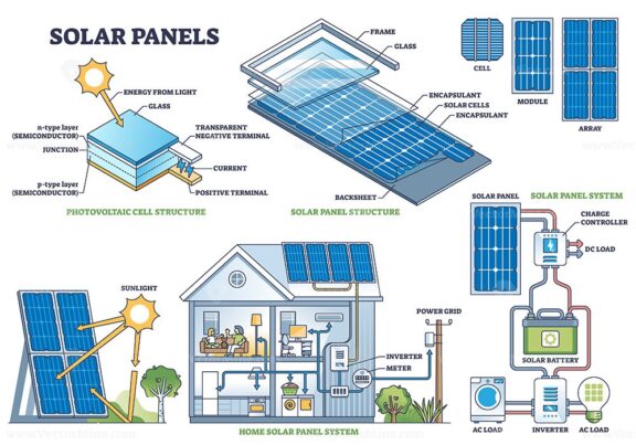Solar panel cell structure and installation technical model outline diagram