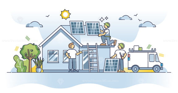 Solar panel installation and professional application on roof outline concept