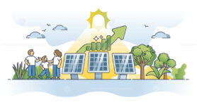 Solar power efficiency with sun panels electricity economy outline concept