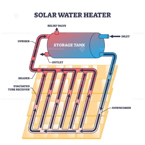 Solar water heater diagram shows storage tank, evacuated tube receiver, and pipes. Outline diagram