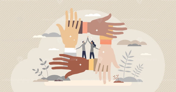 Solidarity and unity as connect multiracial people hands tiny person concept