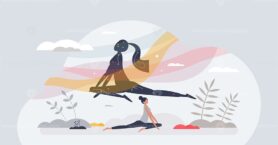 Somatics as body mental and physical retreat for wellness tiny person concept