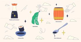 Illustration of soy sauce production stages with hands, soybeans, and a barrel in neubrutalism style collection.