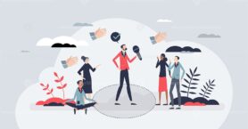 Speakers circle for speech practice and encouragement tiny person concept