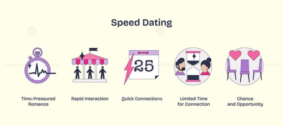 Speed dating icons show time, people, and hearts, symbolizing quick connections and opportunities. Neubrutalism style