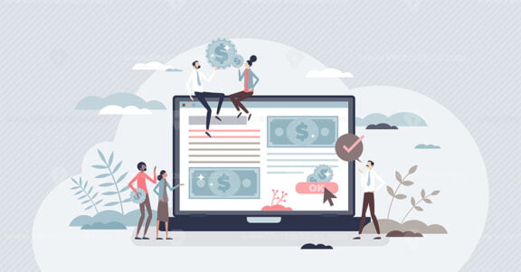 Sponsored content with paid commercial website articles tiny person concept