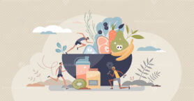 Sports nutrition and active lifestyle healthy eating menu tiny person concept
