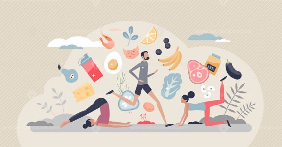 Sports nutrition and healthy product eating for fitness tiny person concept