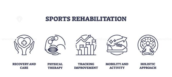 Sports rehabilitation and recovery after injury outline icons collection set. Labeled elements with physical therapy, tracking improvement, mobility and patient holistic approach vector illustration.